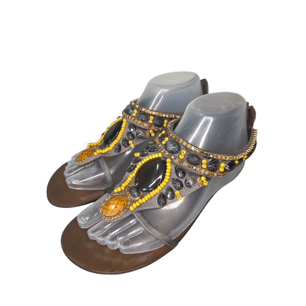 Luxury Rebel Womens 38 Brown Leather Beaded Sandals Y2K Boho Festival